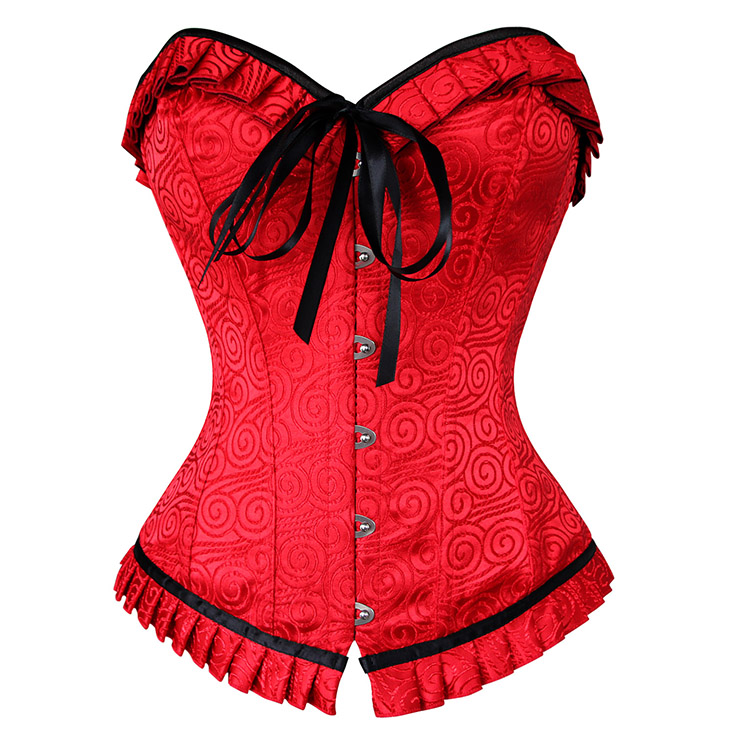 Fashion Red Brocade Ruffles Busk Closure Overbust Corset