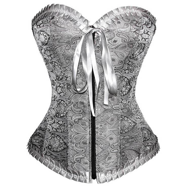 Elegant Grey Embroidery Pattern Ruffles Trim Zipper Overbust Corset