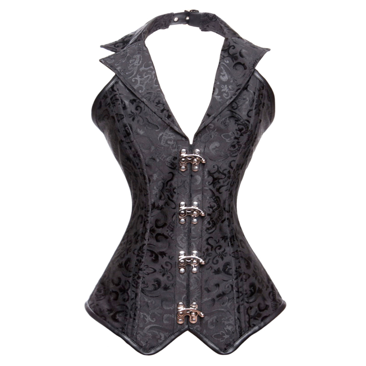 Fashion Noble Black Halter Jacquard Steel Boned Outerwear Corset