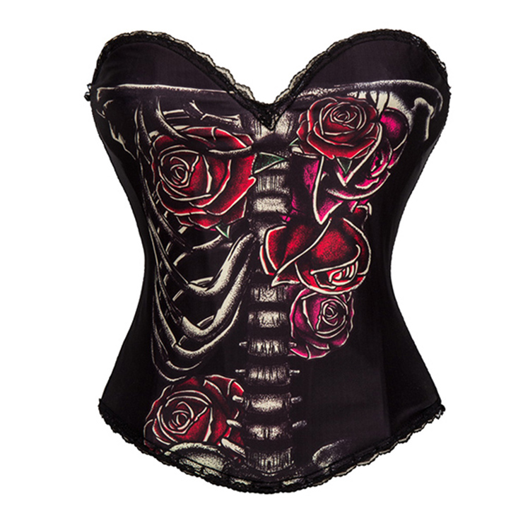 Sexy Black Sugar Skull Skeleton Printed Overbust Corset