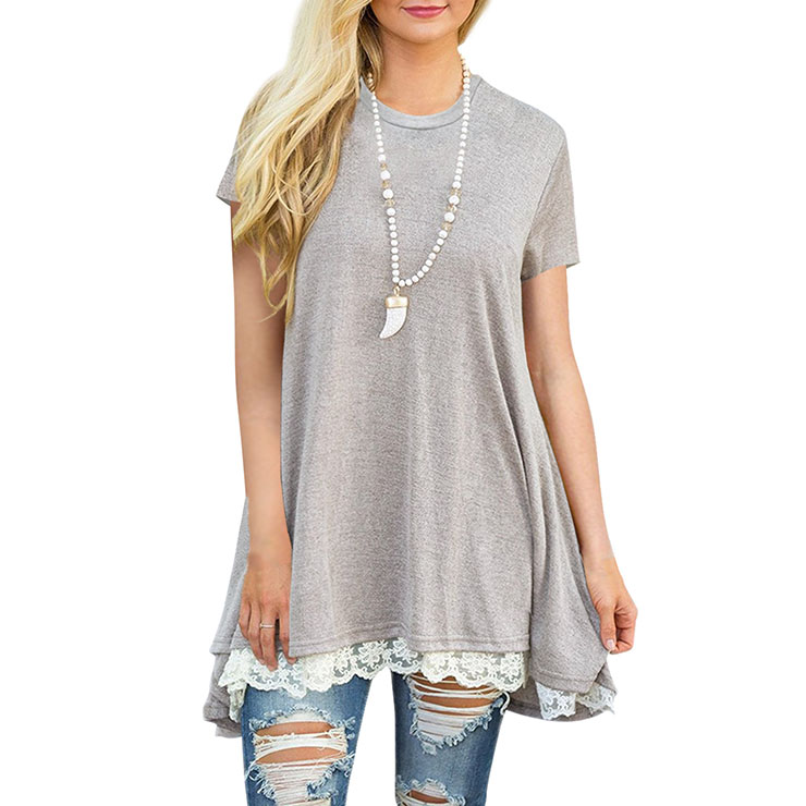 Women's Sexy Gray Round Neck Short sleeve Lace Splicing Casual T-Shirt Dresses