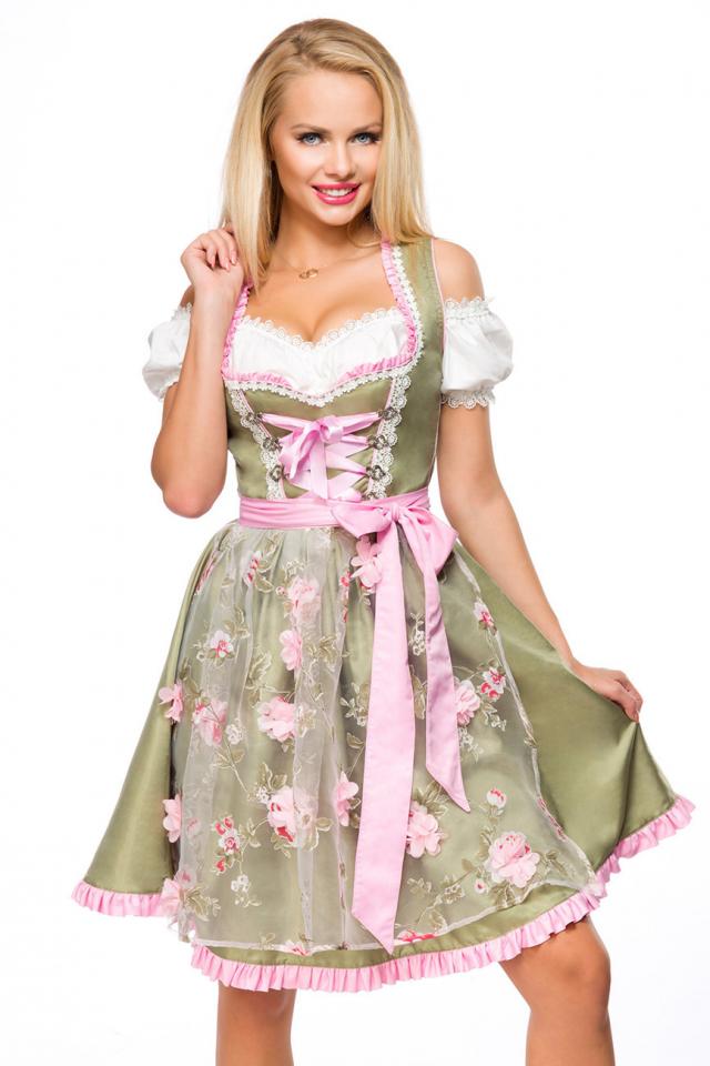 Dirndl mit Blumenschürze - grün/rosa