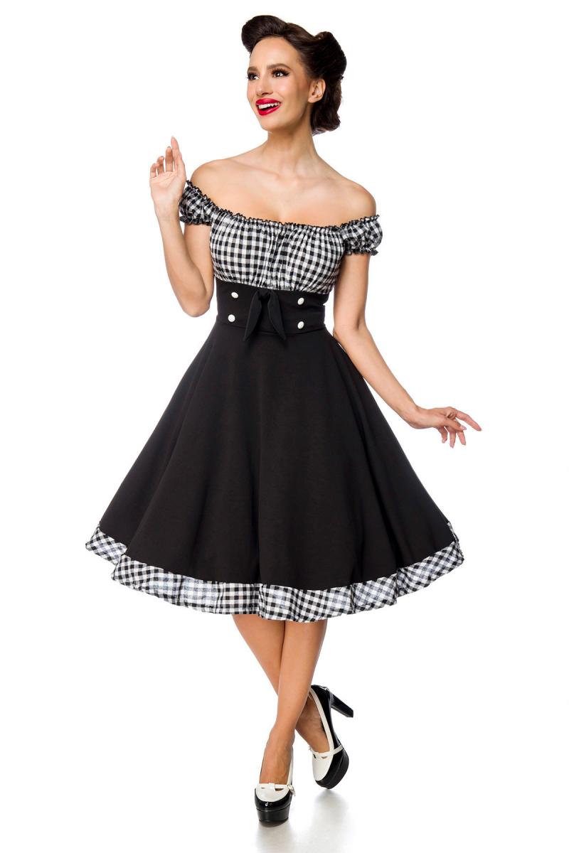 schulterfreies Swing-Kleid schwarz/weiss karriert