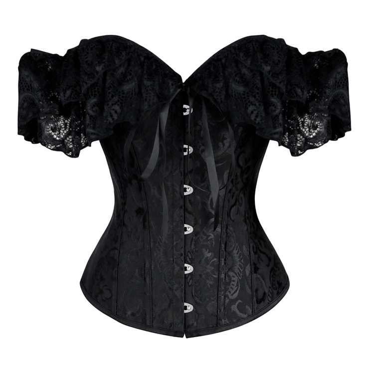 Gothic Victorianisches Jacquard Korsett mit Spitzenärmeln - schwarz