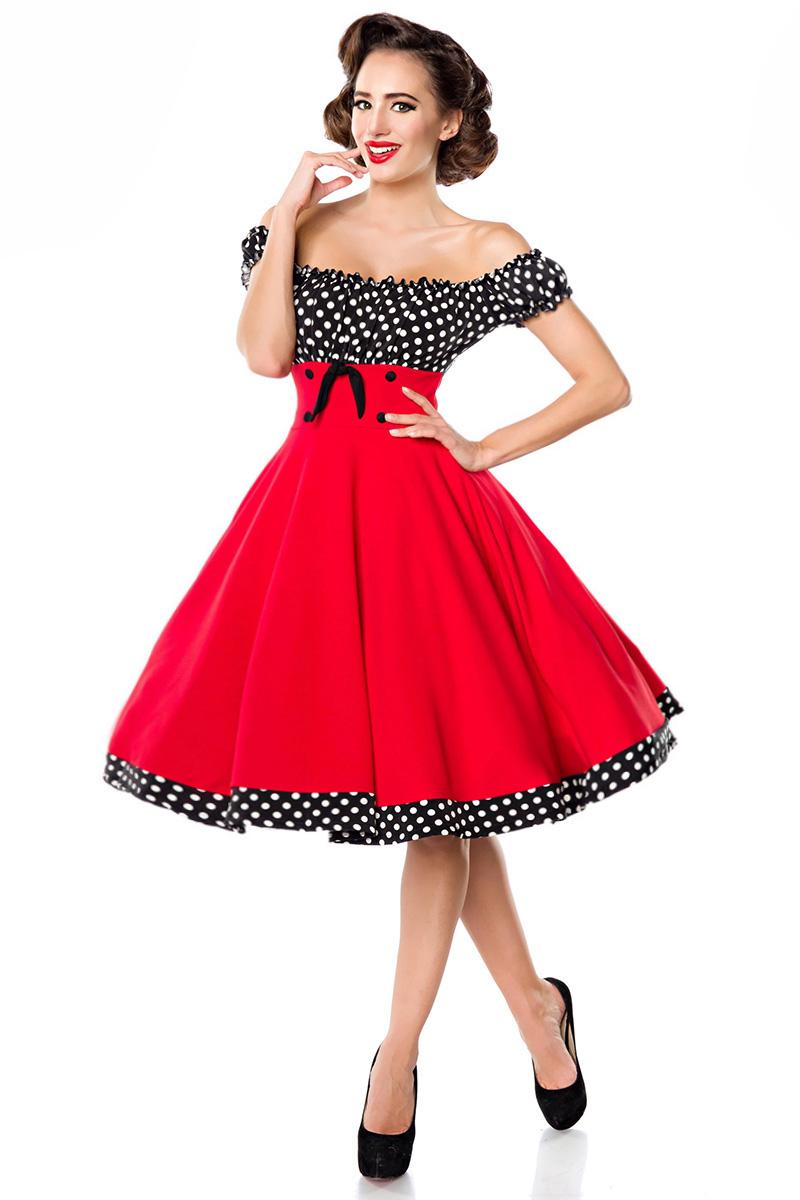 schulterfreies Swing-Kleid rot/schwarz/weiss