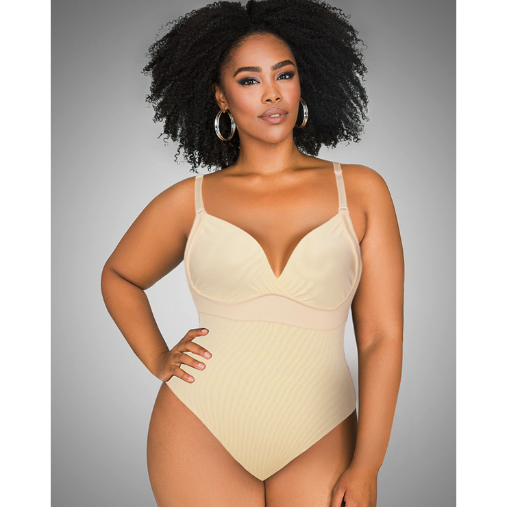 Sexy V Neck Spaghetti-Träger Plus Size Bodysuit Slimmer Shapewear - Beige