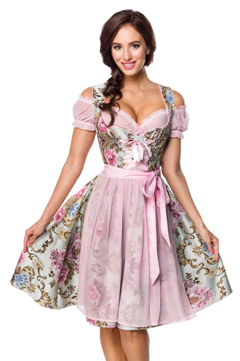 Premium Brokat-Dirndl inkl. Bluse - rosa/gemustert