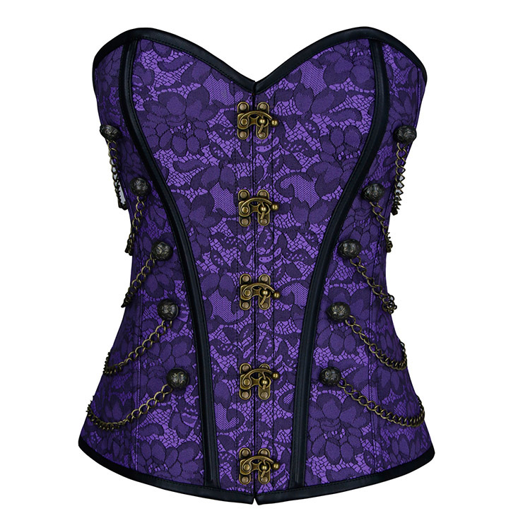 Edles Trägerloses Steampunk Brokat Overbust Korsett - violett